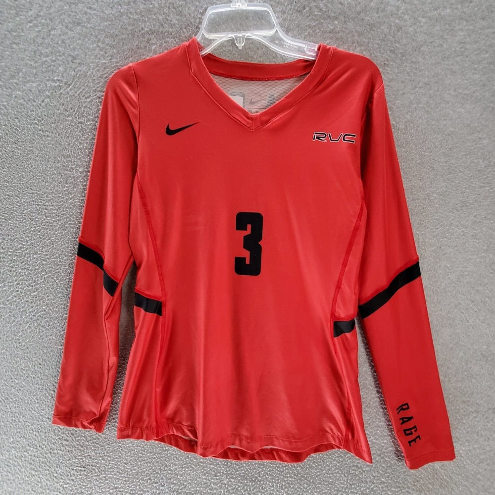 Nike Women Activewear Top Medium Red Jersey Rage Swoosh Logo V Neck Pullover